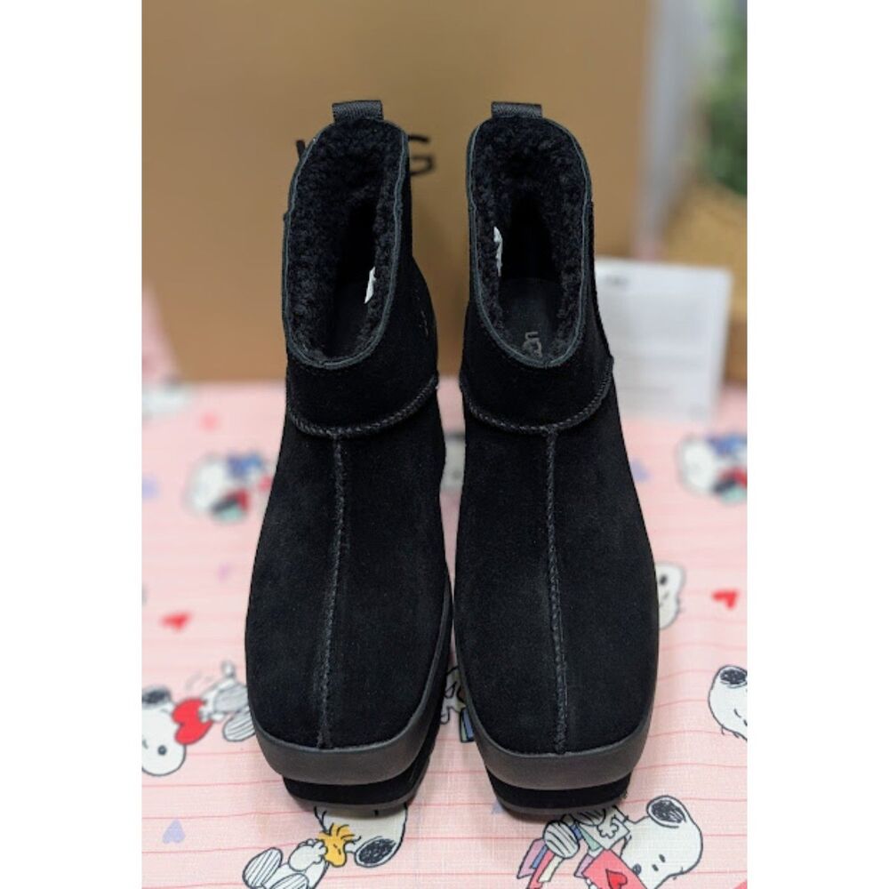 UGG Black Suede & Shearling New Heights Platform Mini Boots Women's Size 10 NIB - Picture 5 of 14